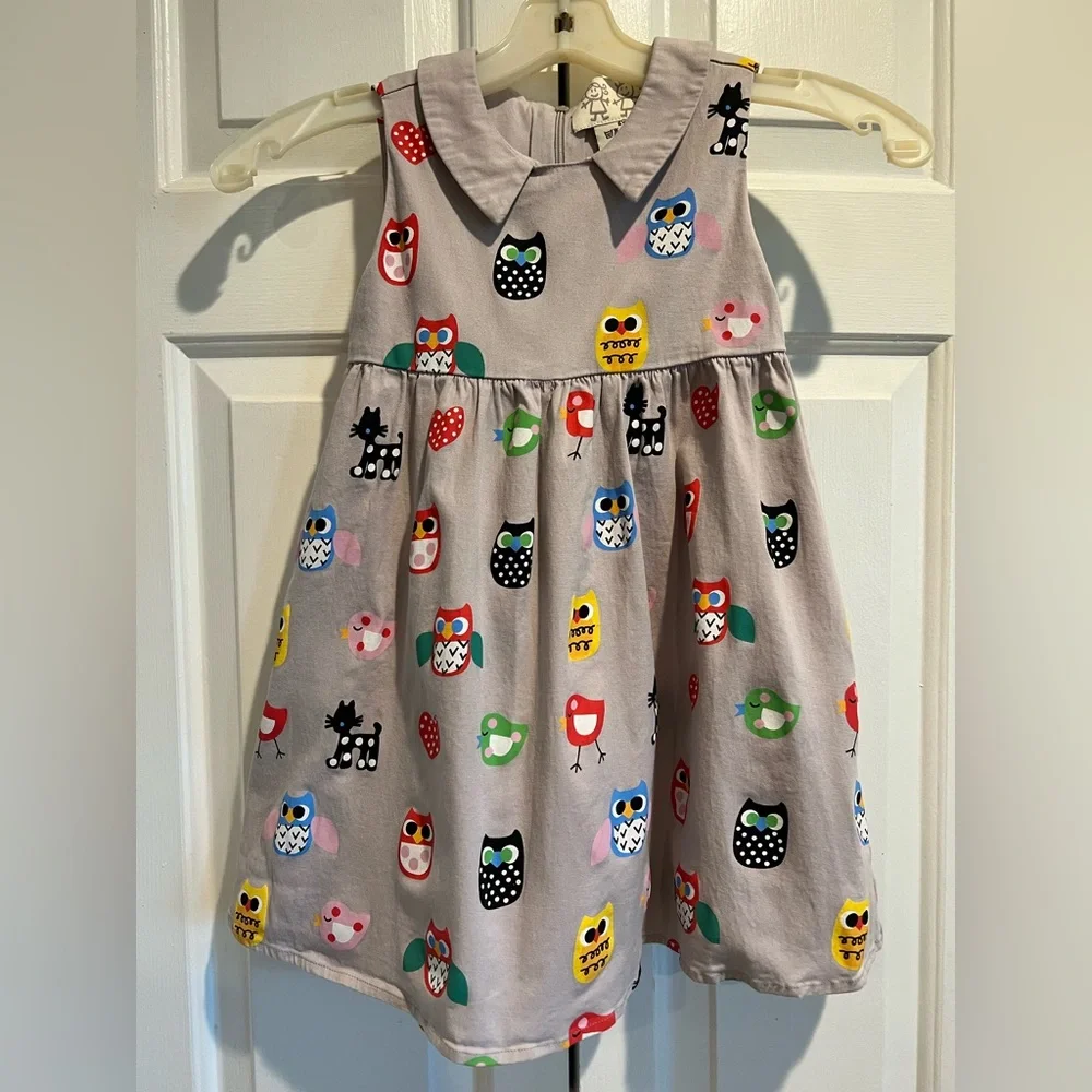 Gray Casual 🦉 Dress, Zips in Back -Covered w Owls, Cats & Birds & Little Collar - Picture 2 of 8